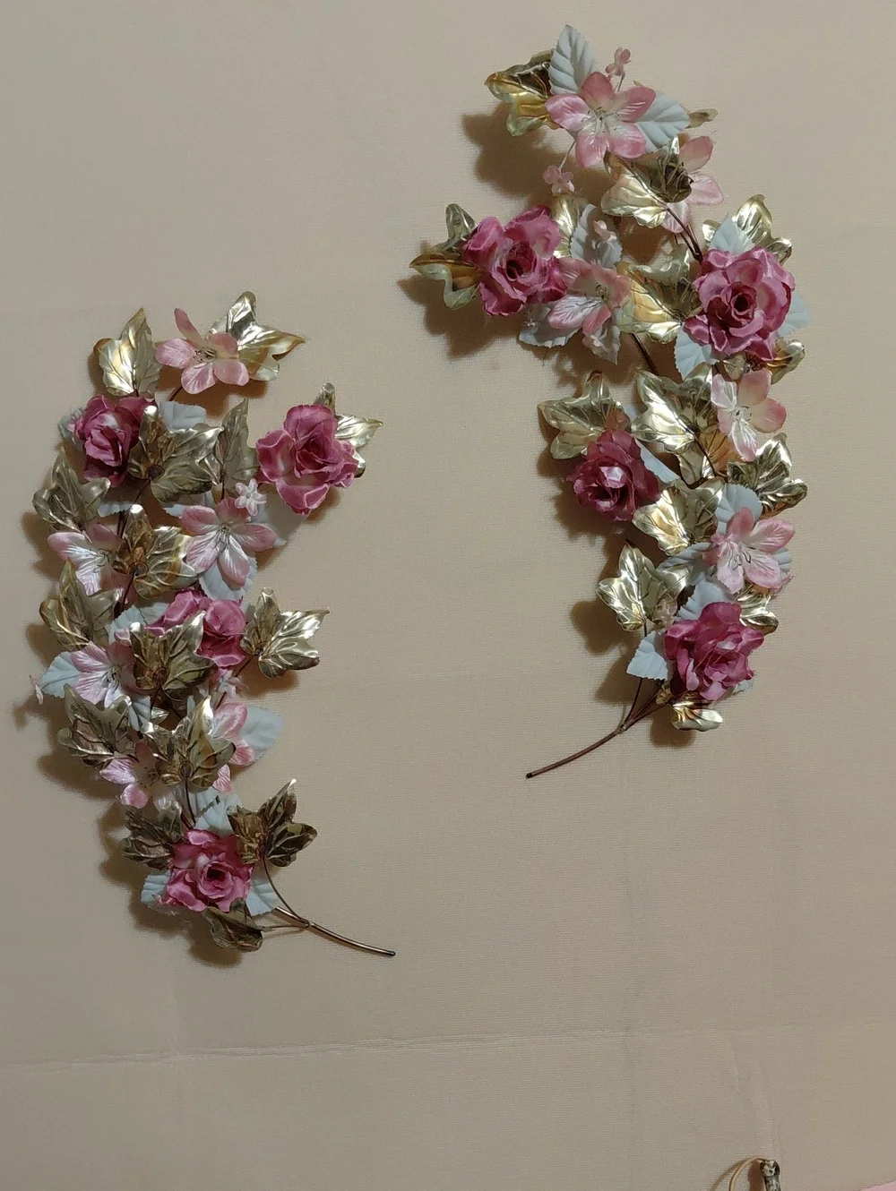 Home Interiors Pink and Gold Metal Floral Wall Sprays - Pair